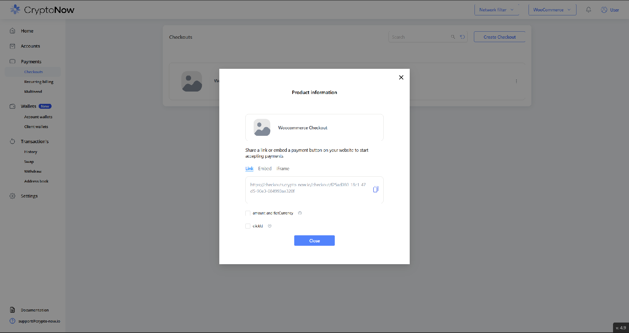 CryptoNow product information dialog showing the checkout link to copy