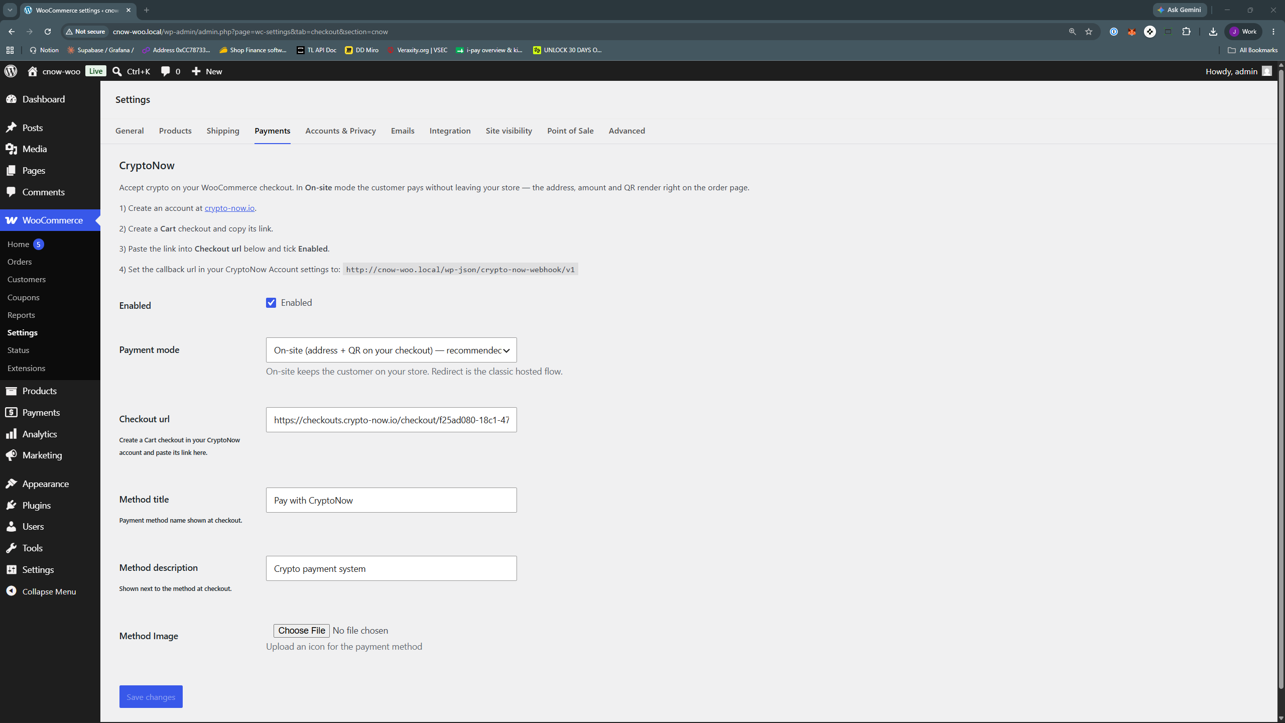 CryptoNow gateway settings with Enabled ticked, On-site mode, and the checkout URL
