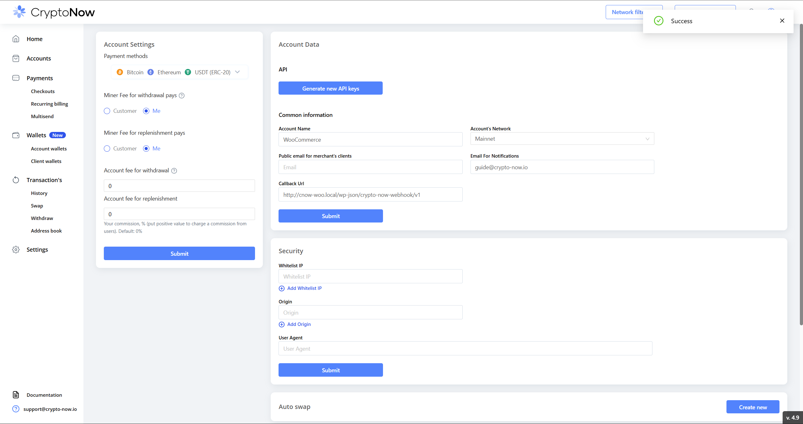 CryptoNow account settings with the callback URL field filled in