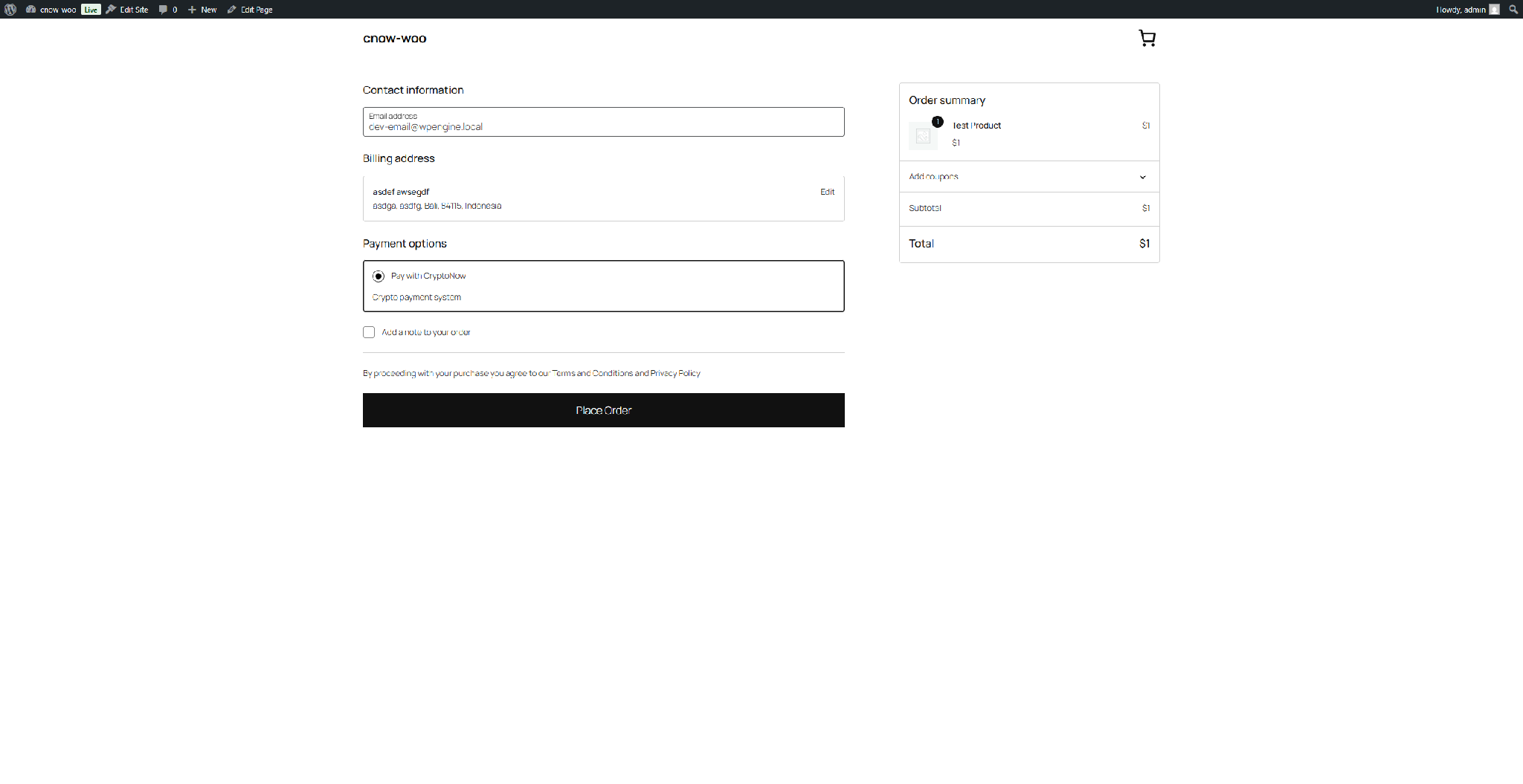 WooCommerce checkout with Pay with CryptoNow selected