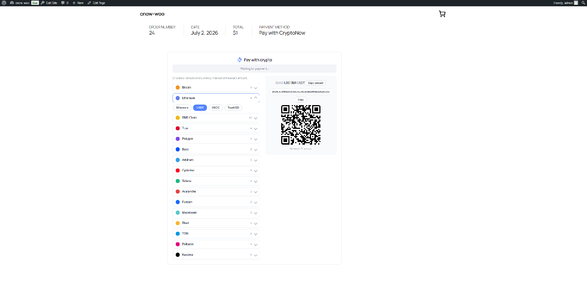 Payment panel showing the amount to send, wallet address and QR code