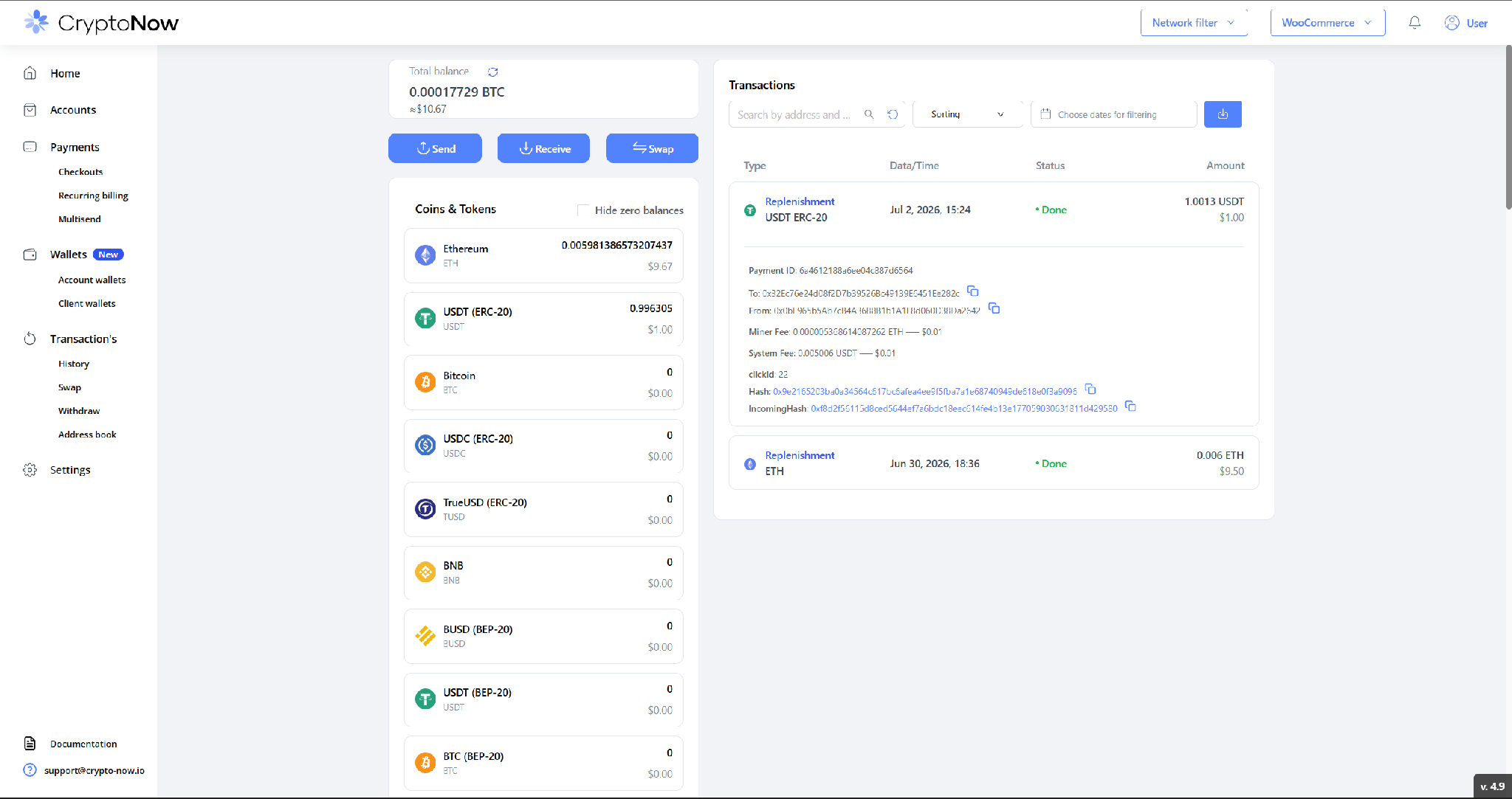 CryptoNow transaction detail showing clickId equal to the WooCommerce order number