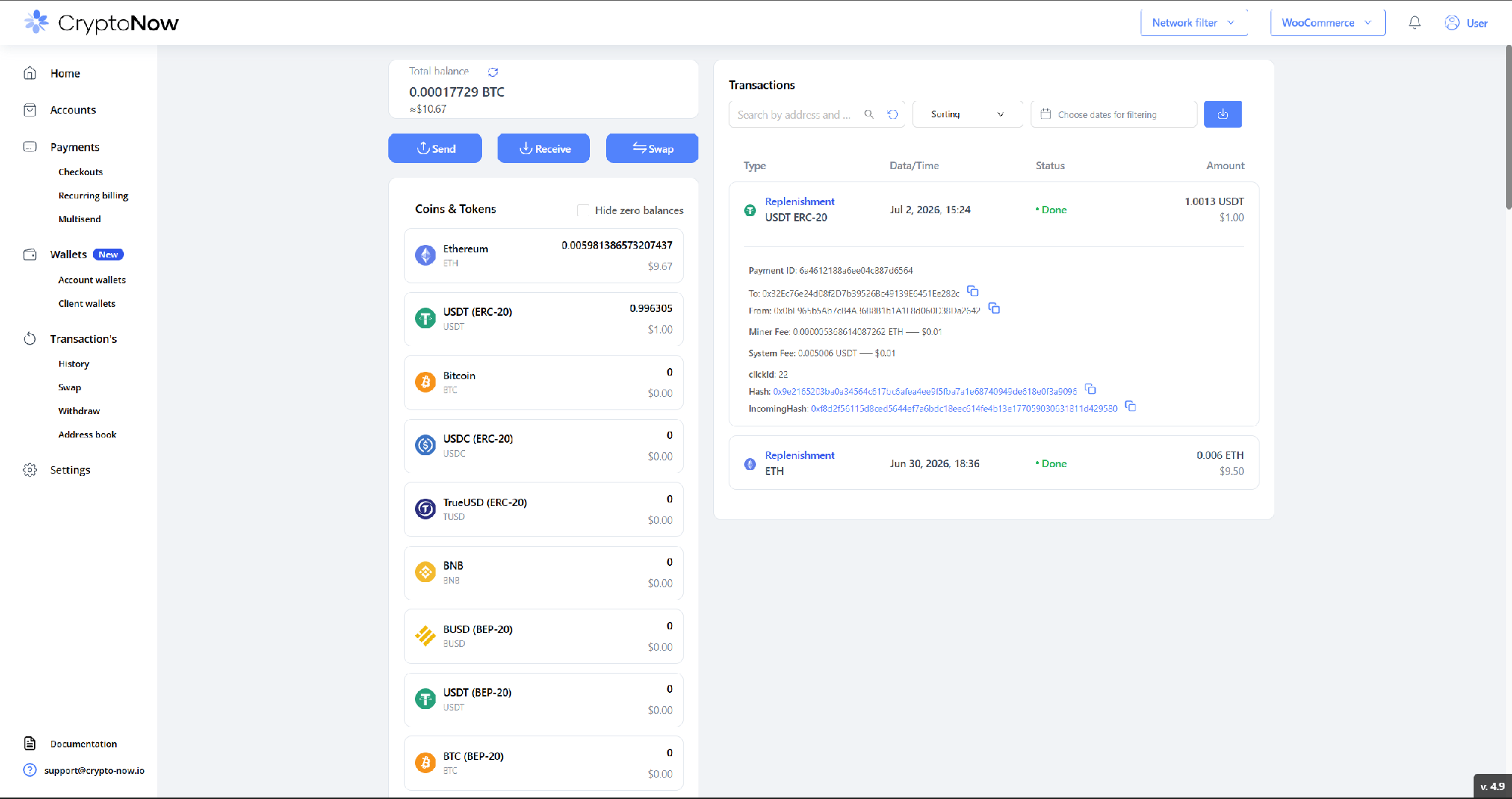 CryptoNow transaction detail showing clickId equal to the WooCommerce order number