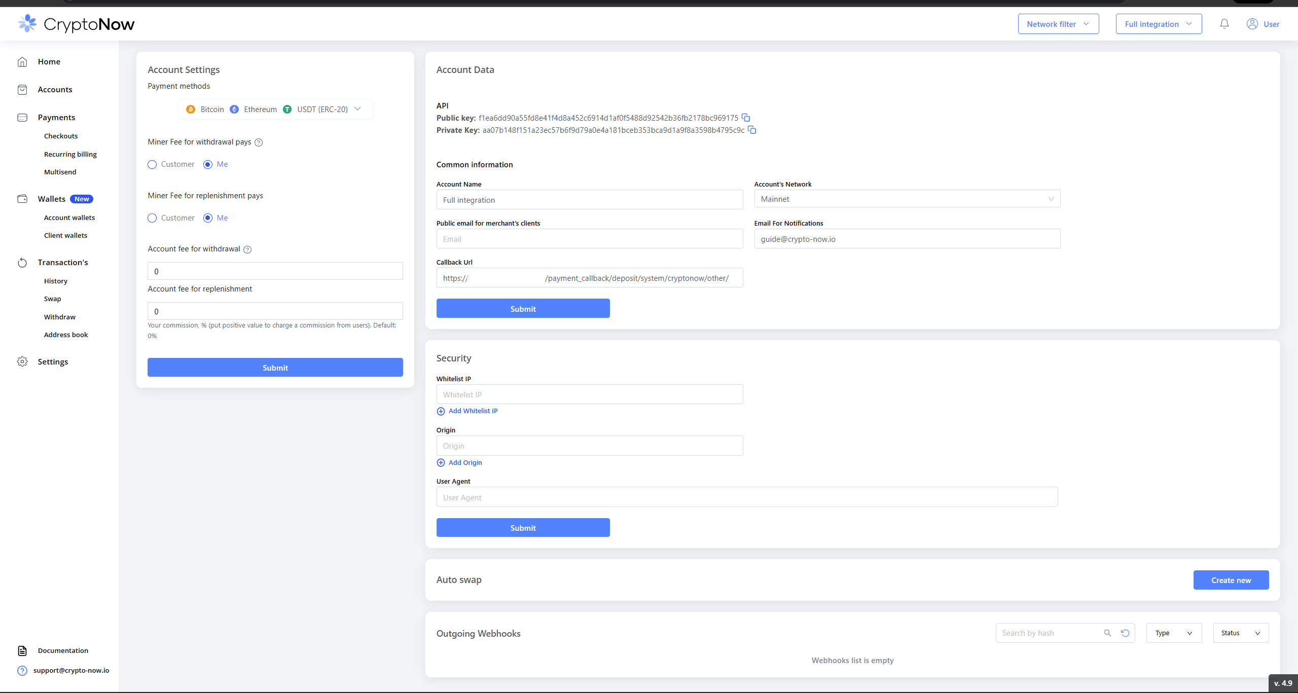 Account settings showing Public/Private API keys and the Callback Url field