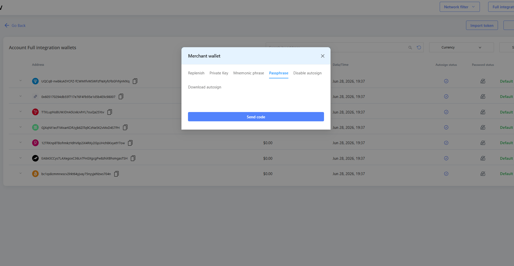 Merchant wallet menu with Passphrase tab and Send code button