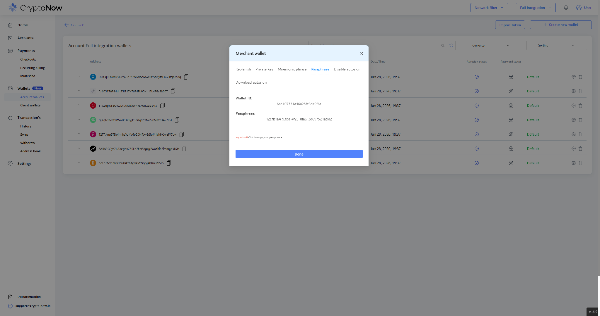 Revealed Wallet ID and Passphrase