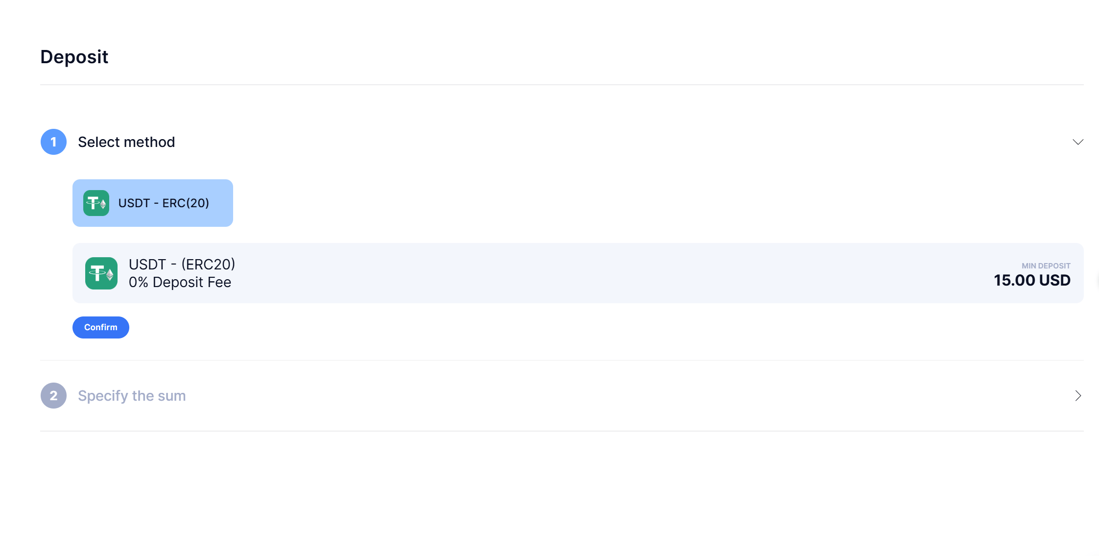 Platform deposit screen, USDT ERC20 method selected, Confirm button