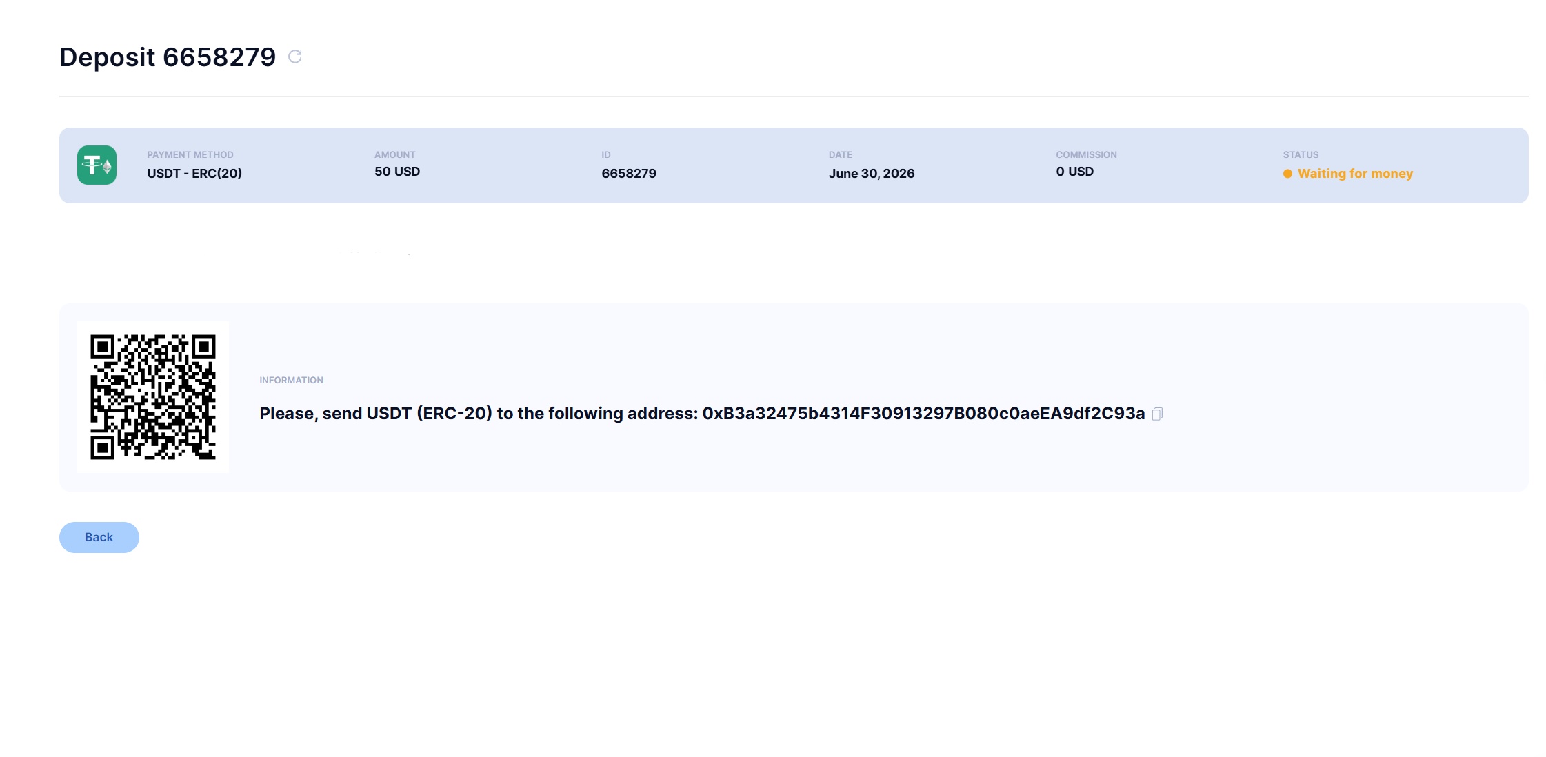 Deposit screen showing address and QR, status Waiting for money