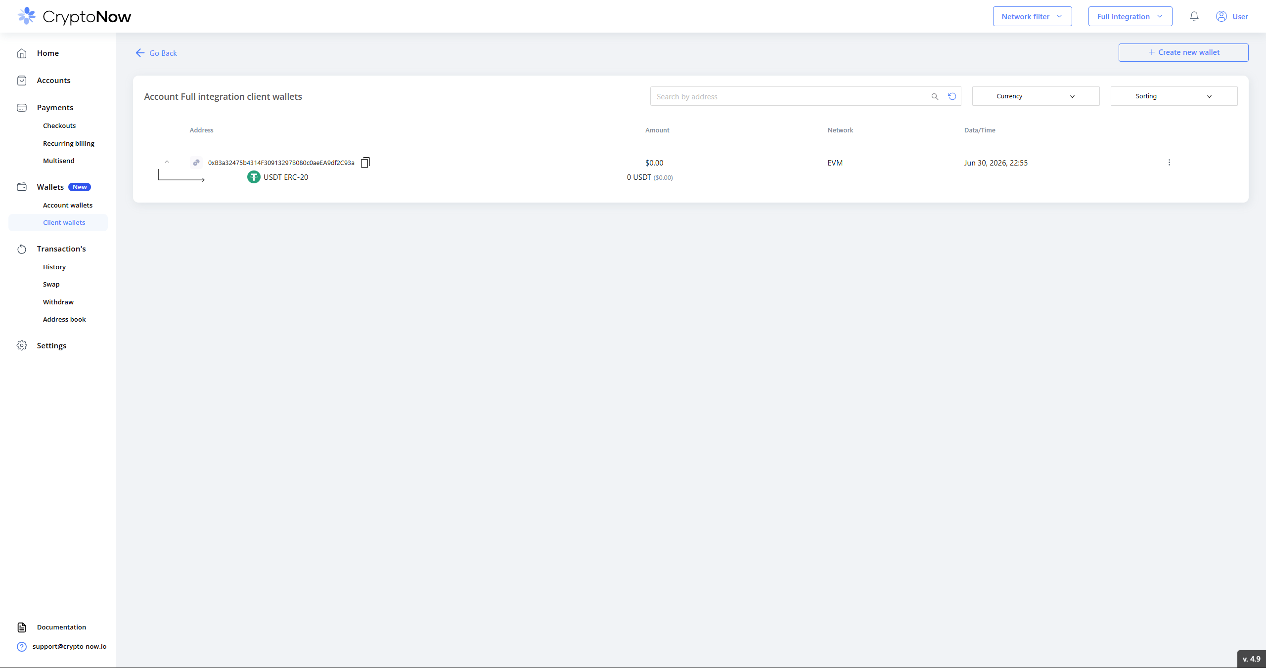 Client wallets list showing the newly created EVM USDT wallet at $0.00