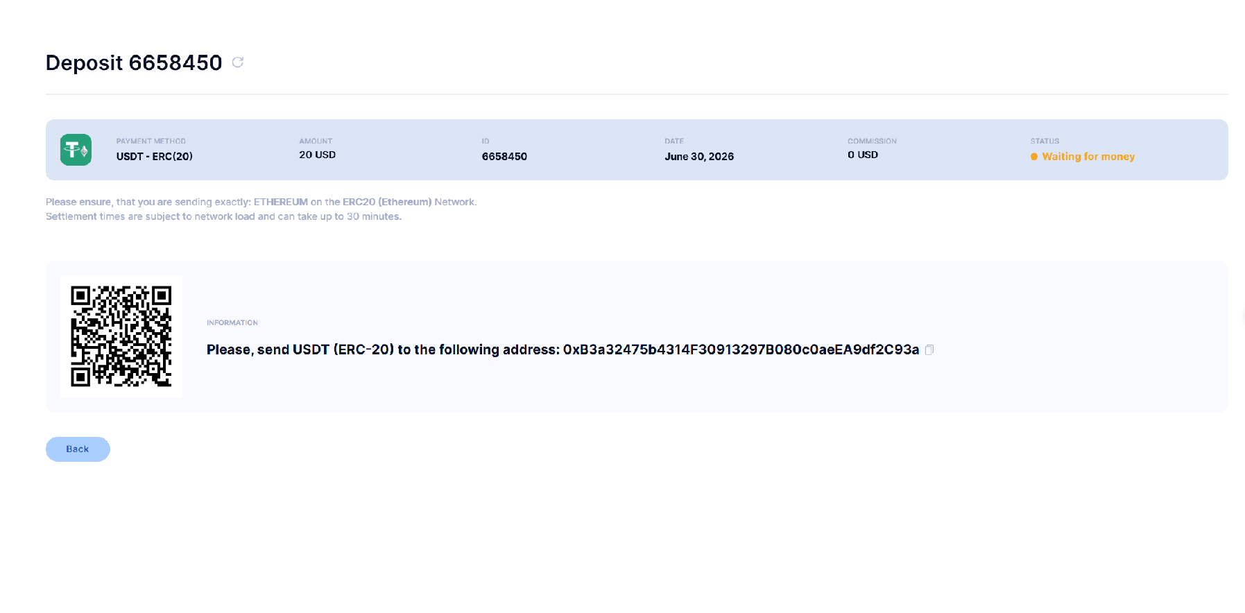 A second deposit request showing the same destination address