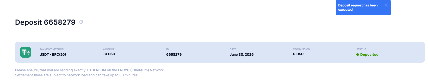 Deposit status Deposited