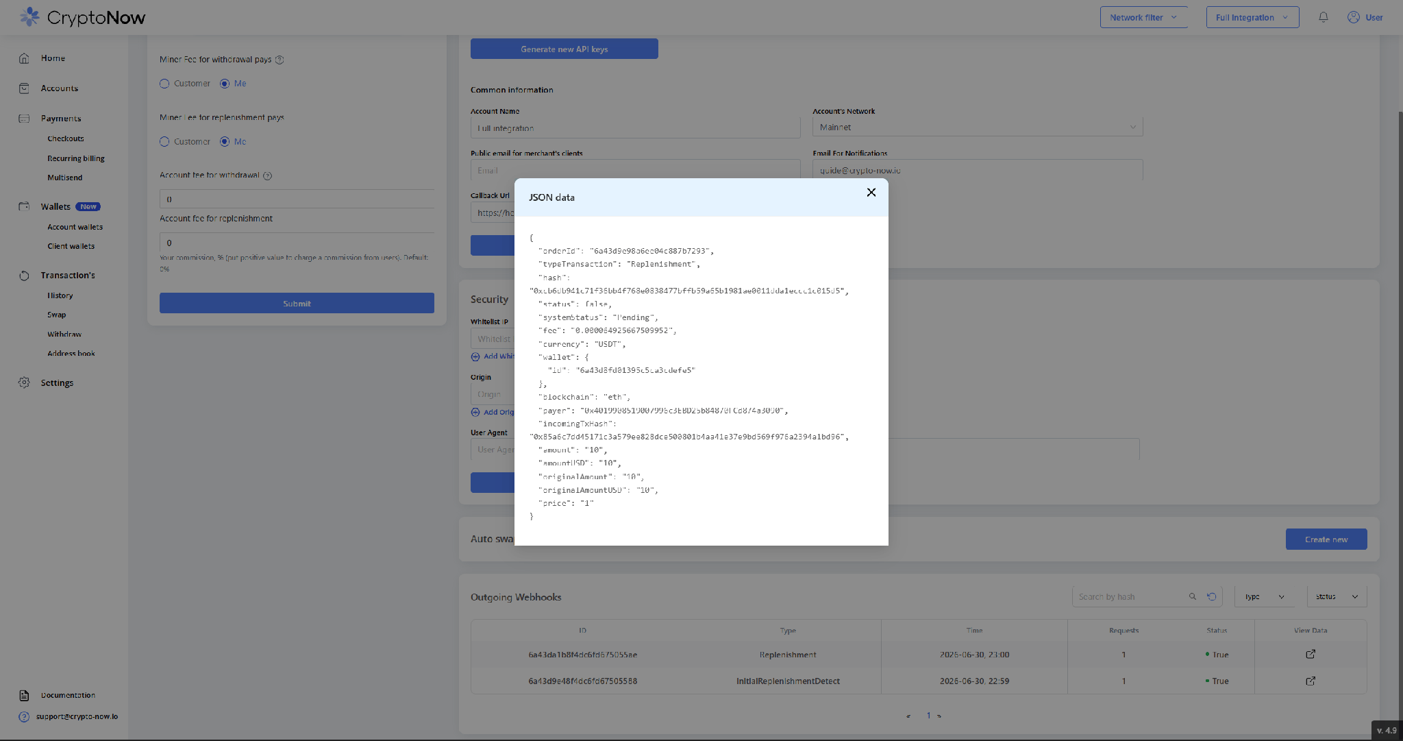 Outgoing Webhooks list with Replenishment entries and the JSON payload