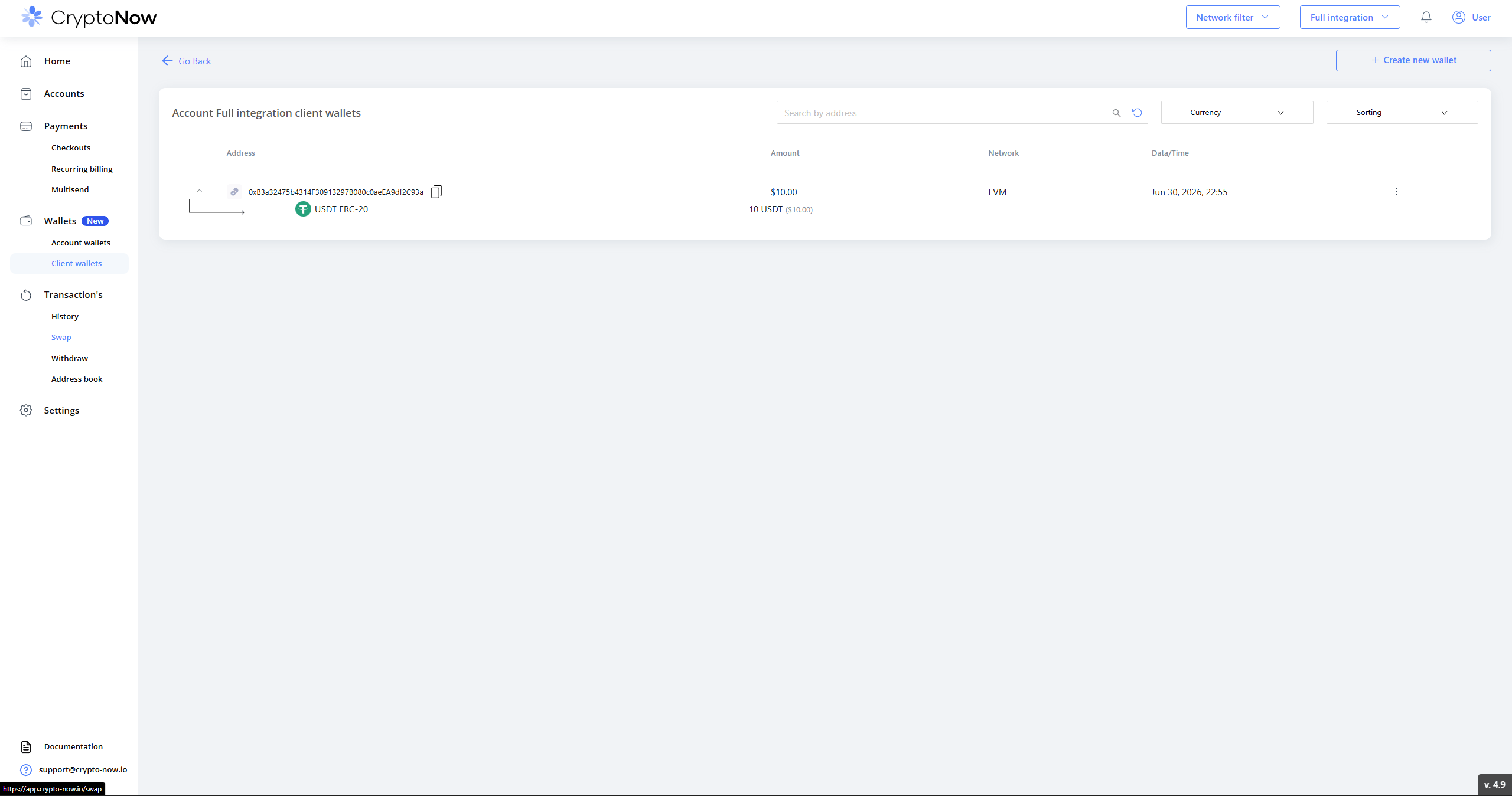 Client wallet showing 10 USDT throughput