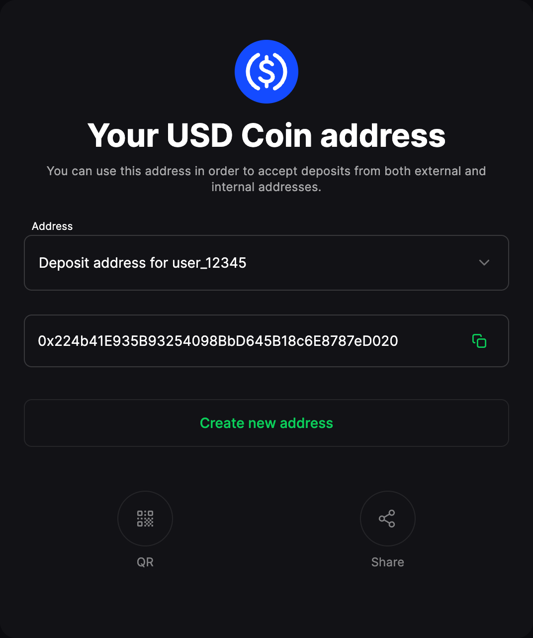Deposit address screen showing the address, QR code, and share options for accepting a crypto deposit