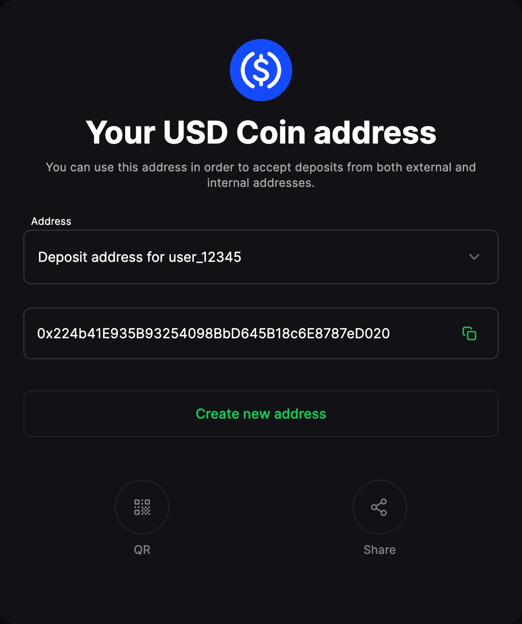 Deposit address screen showing the address, QR code, and share options for accepting a crypto deposit