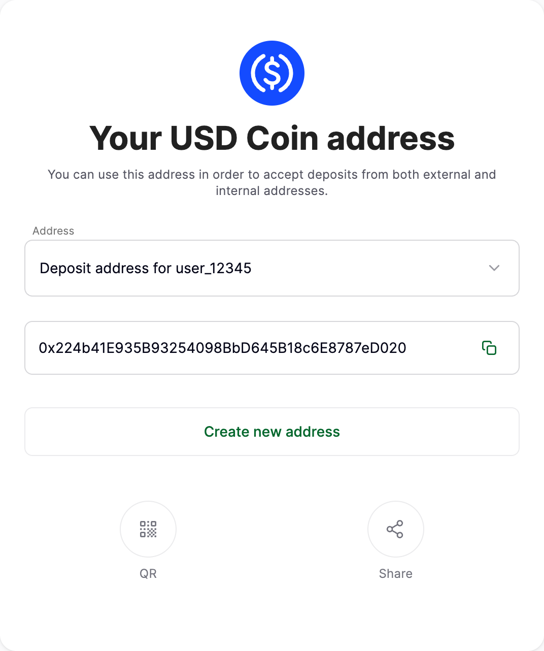 Deposit address screen showing the address, QR code, and share options for accepting a crypto deposit
