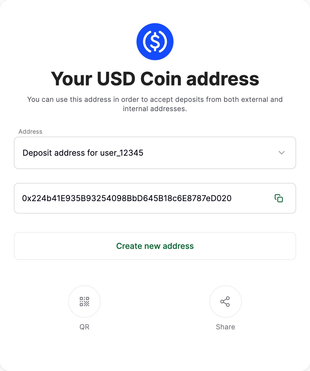 Deposit address screen showing the address, QR code, and share options for accepting a crypto deposit