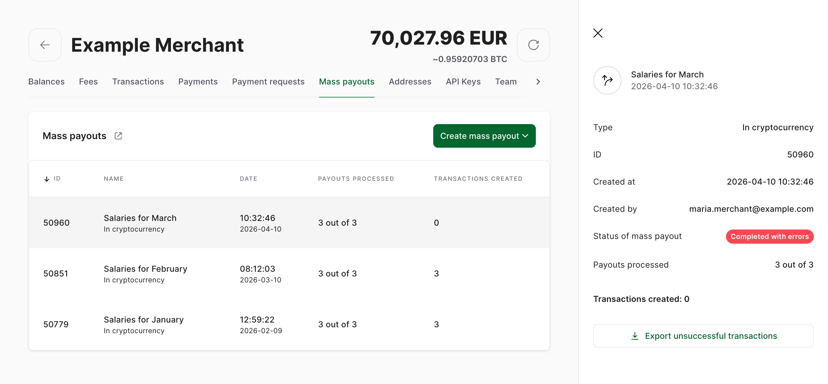 Unsuccessful Mass Payouts