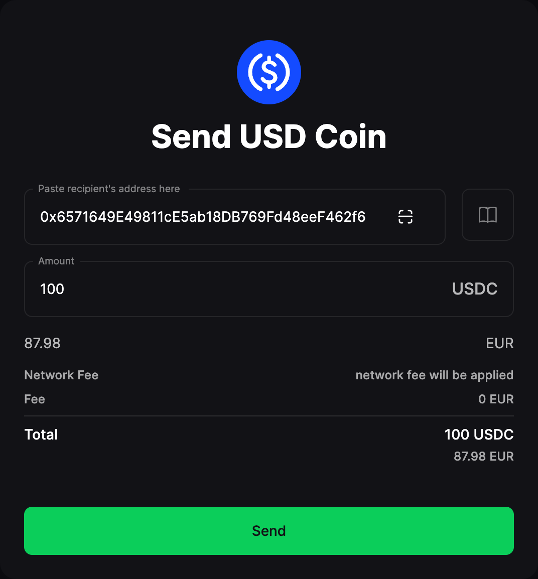 Send crypto screen showing the recipient address, amount, fee breakdown, and total for a withdrawal