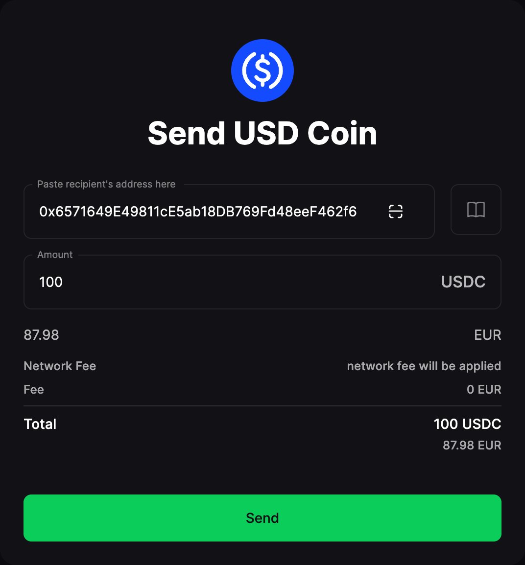 Send crypto screen showing the recipient address, amount, fee breakdown, and total for a withdrawal