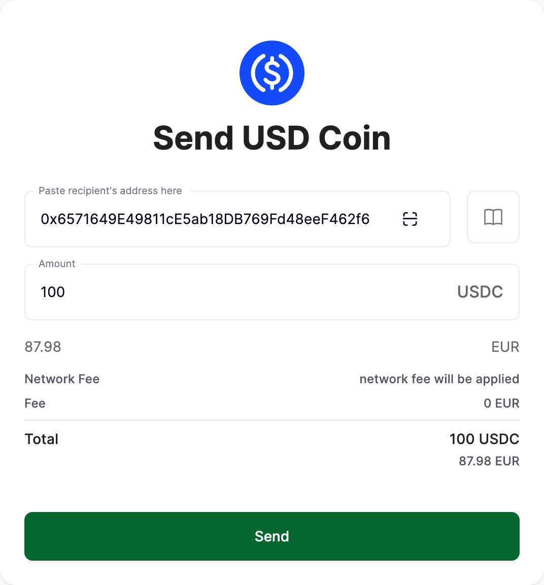 Send crypto screen showing the recipient address, amount, fee breakdown, and total for a withdrawal