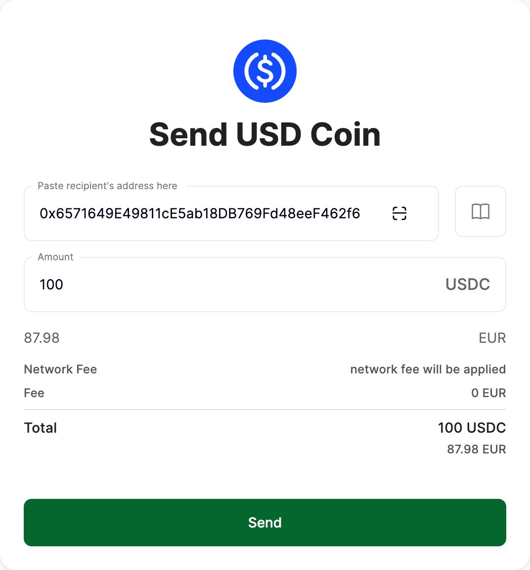 Send crypto screen showing the recipient address, amount, fee breakdown, and total for a withdrawal