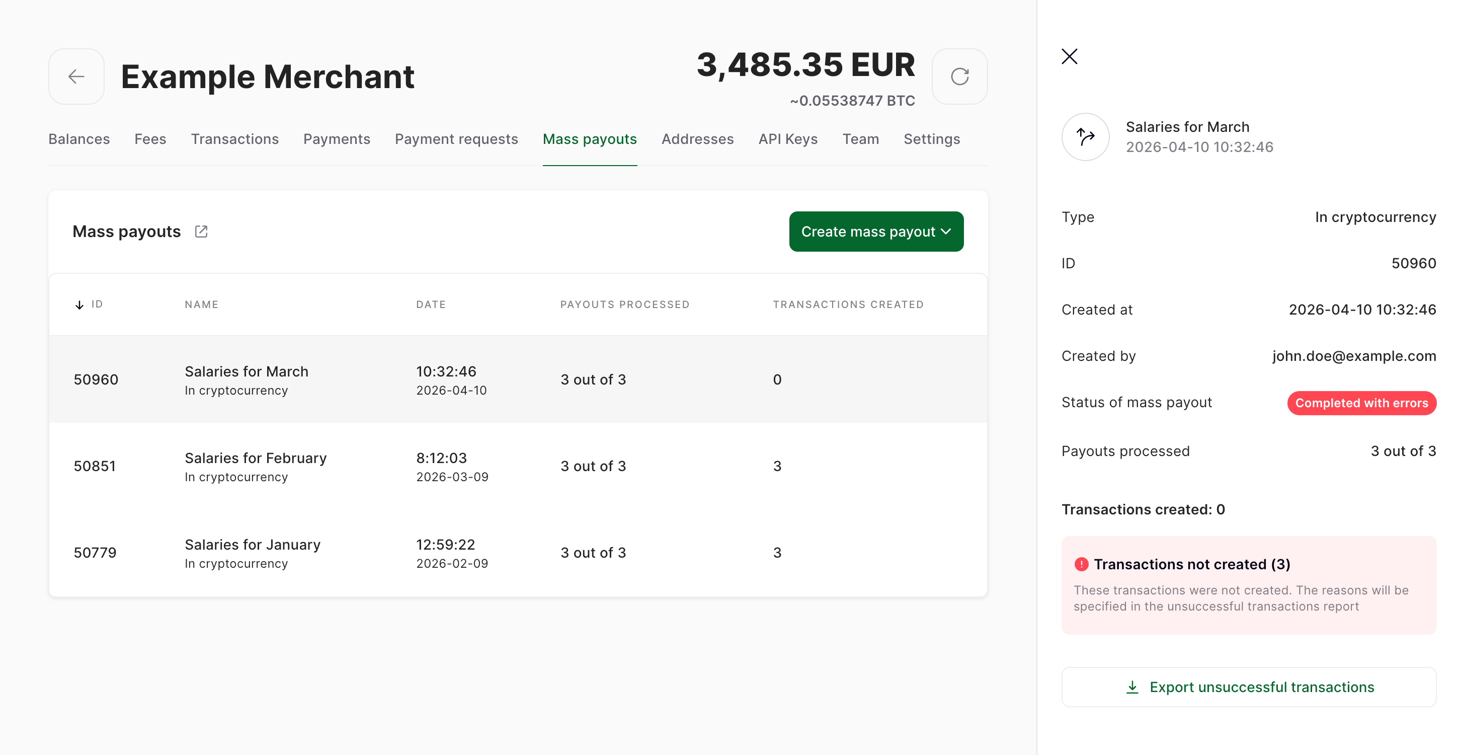 Unsuccessful Mass Payouts