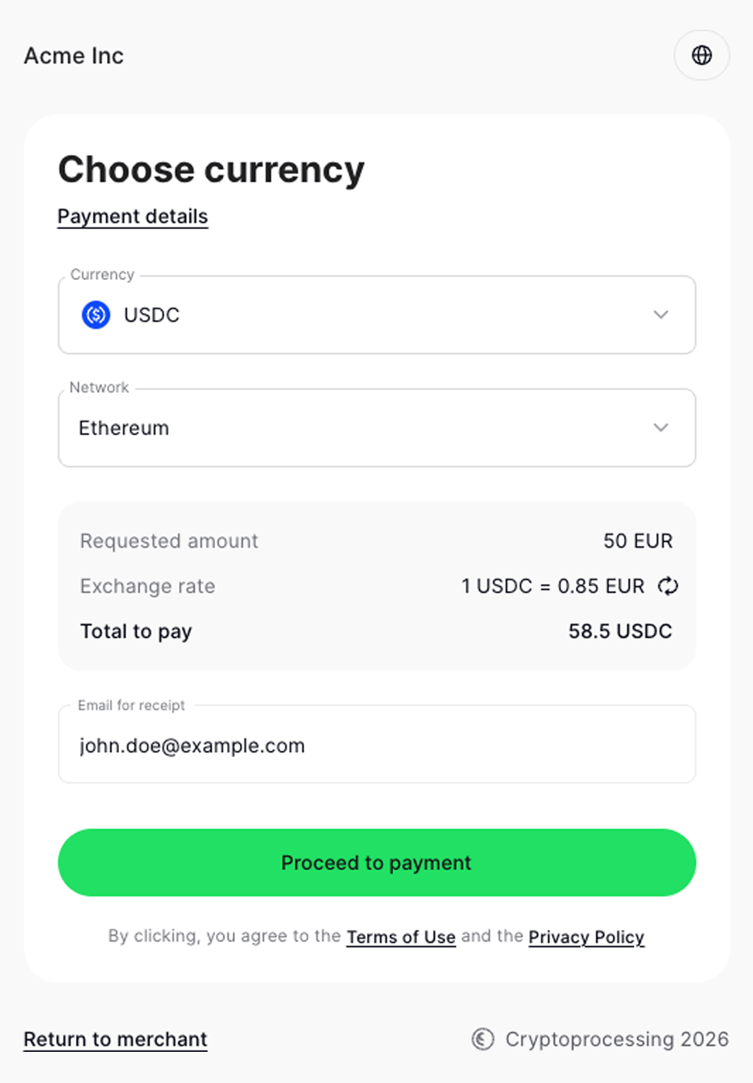 Payment request step 1