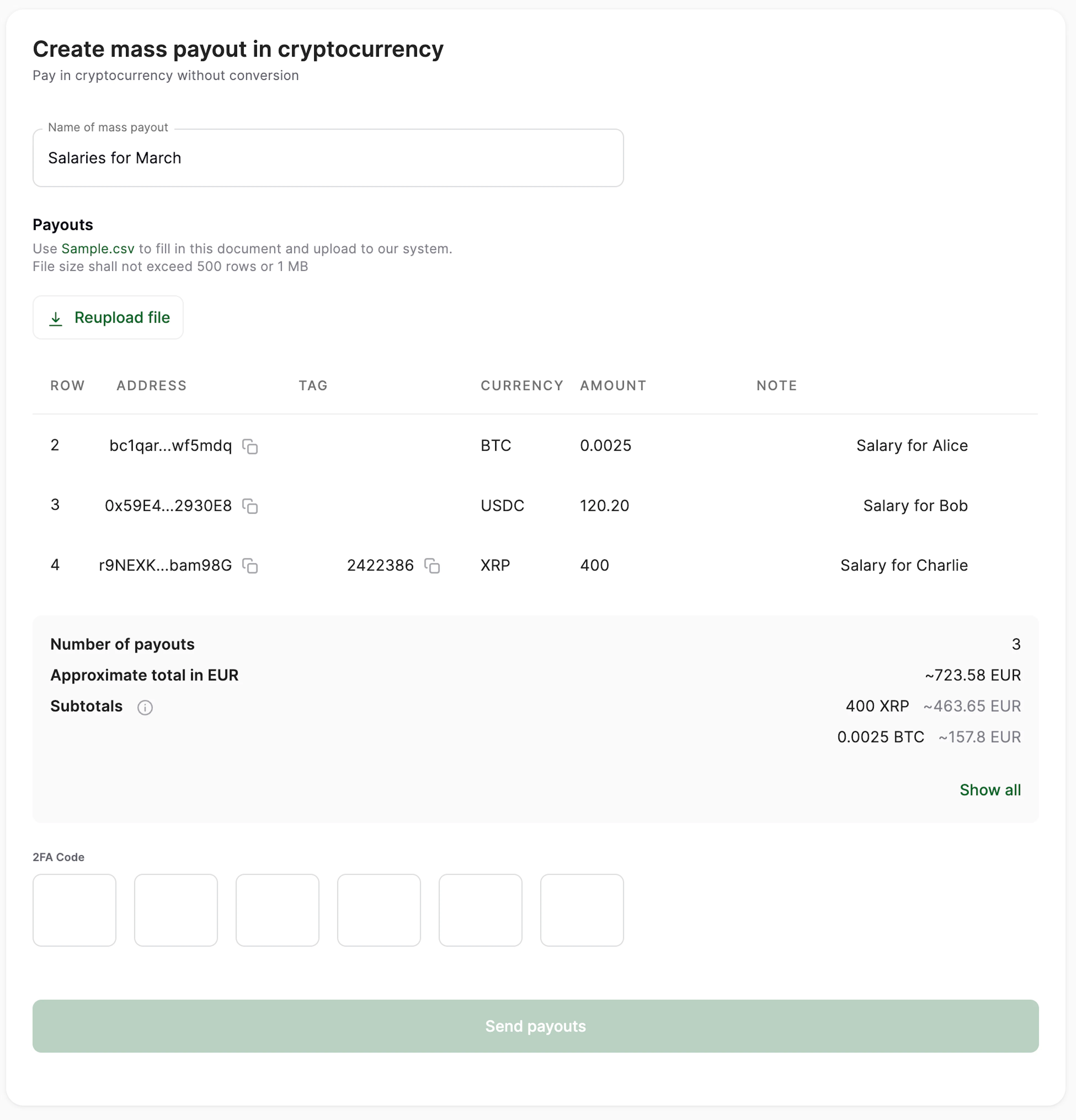 Send Mass Payouts