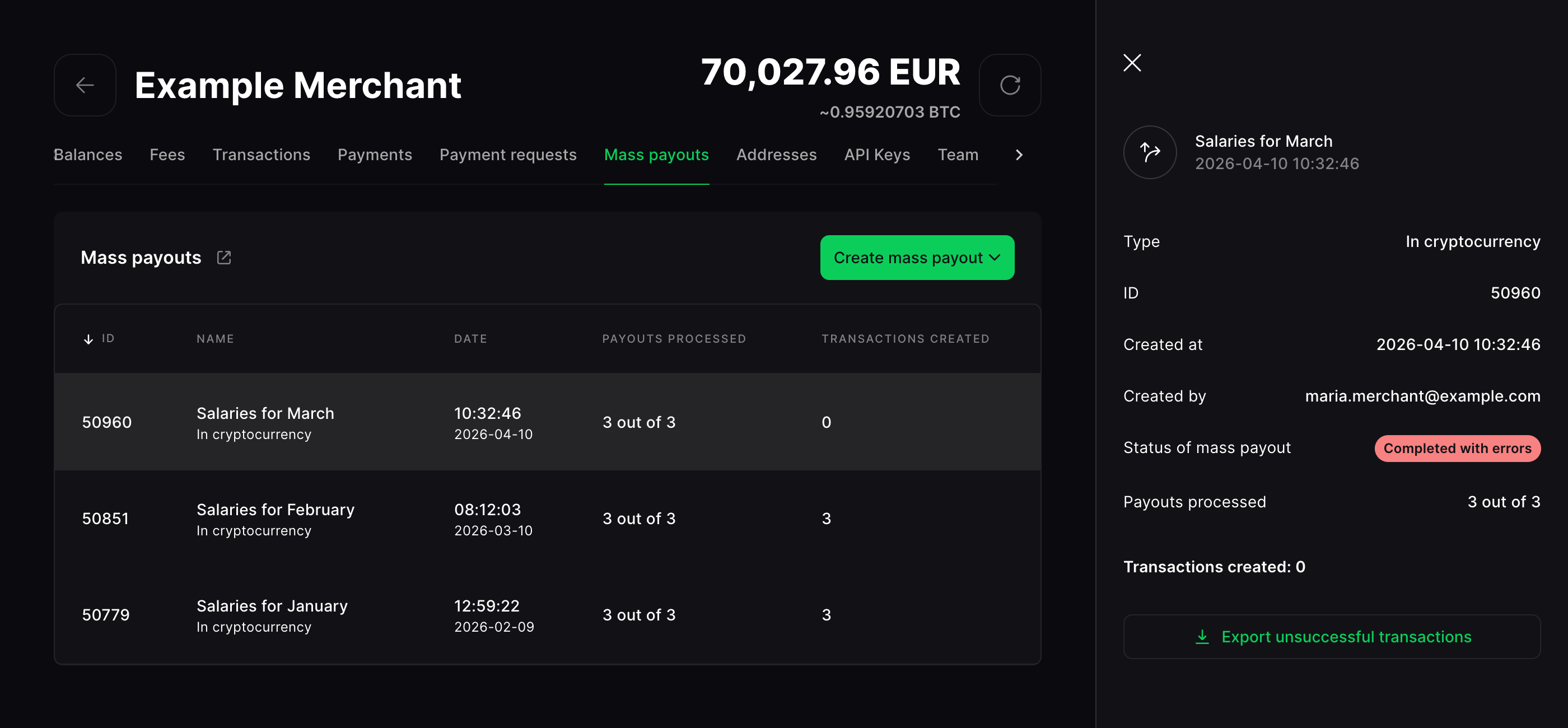 Unsuccessful Mass Payouts