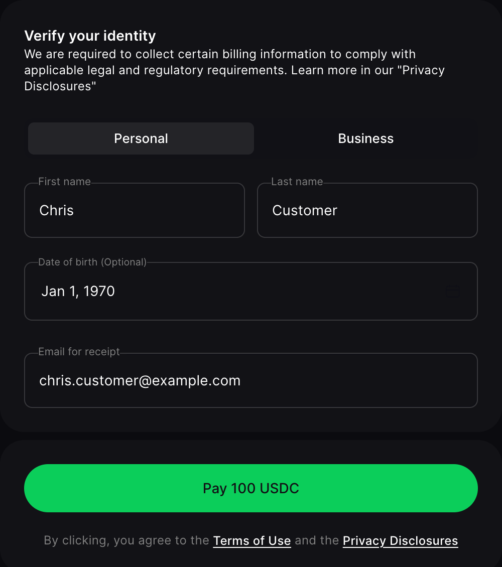 User data form in the payment request interface