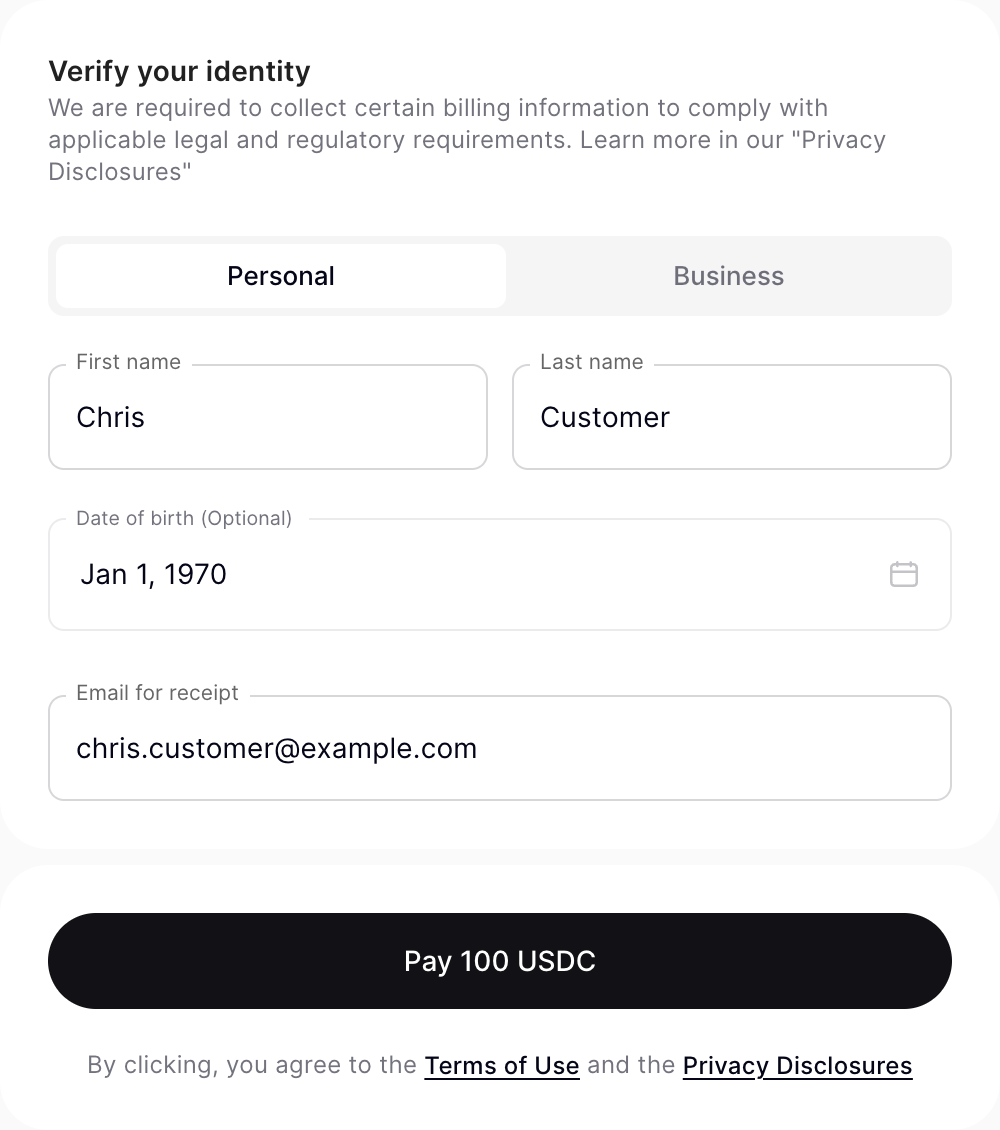 User data form in the payment request interface