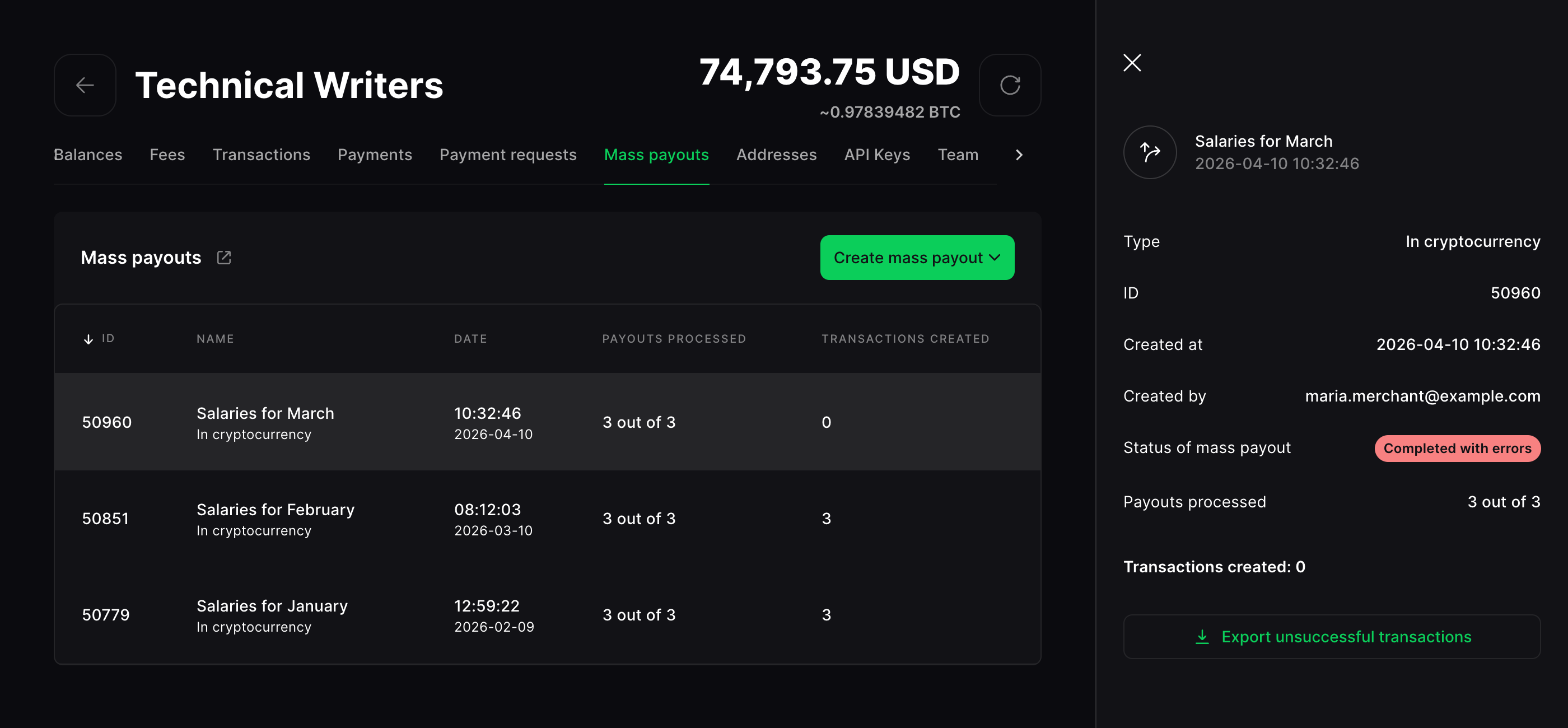 Unsuccessful Mass Payouts