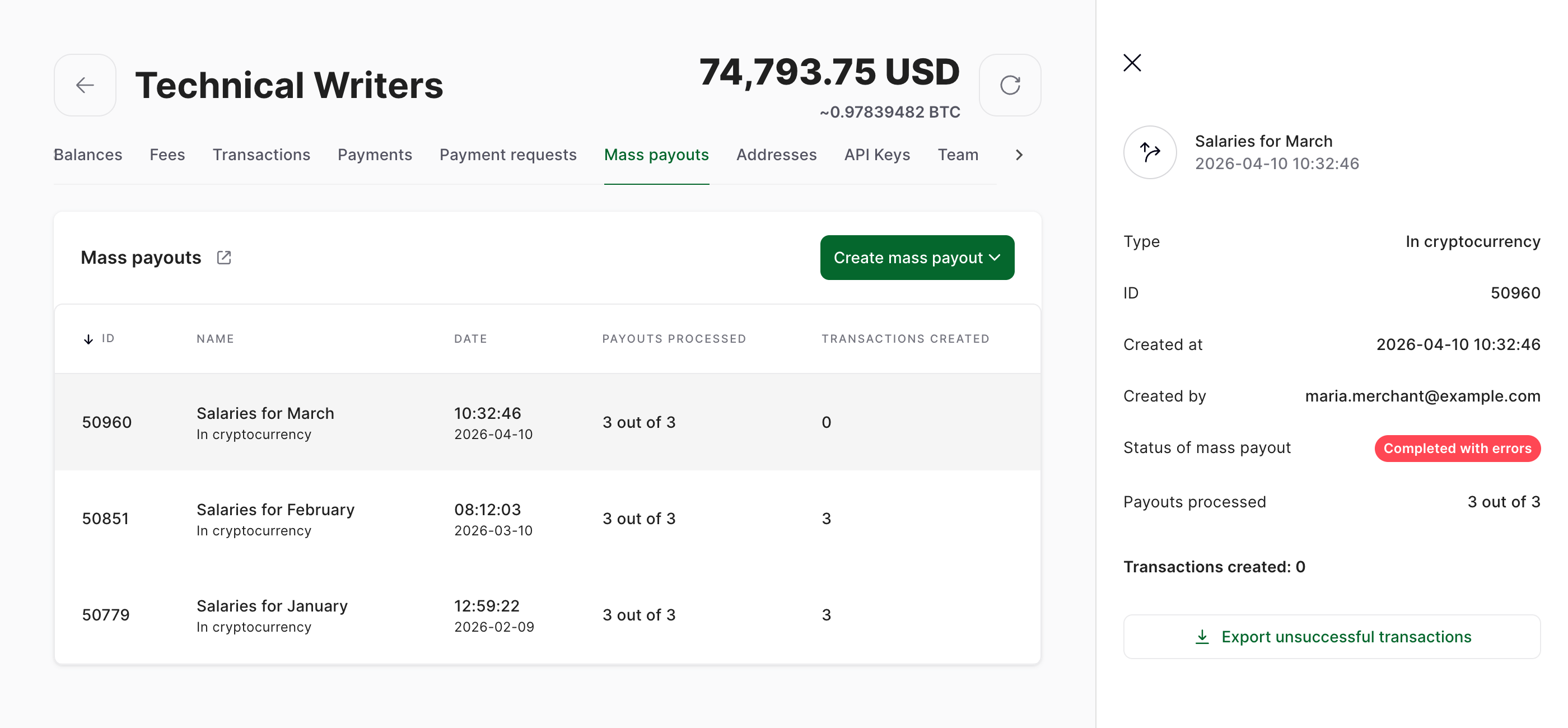 Unsuccessful Mass Payouts