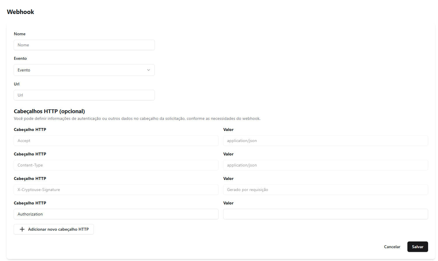 Formulário de cadastro de webhook