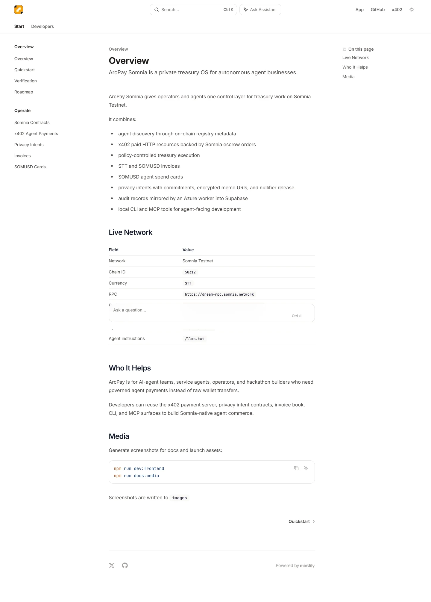 ArcPay Somnia docs UI