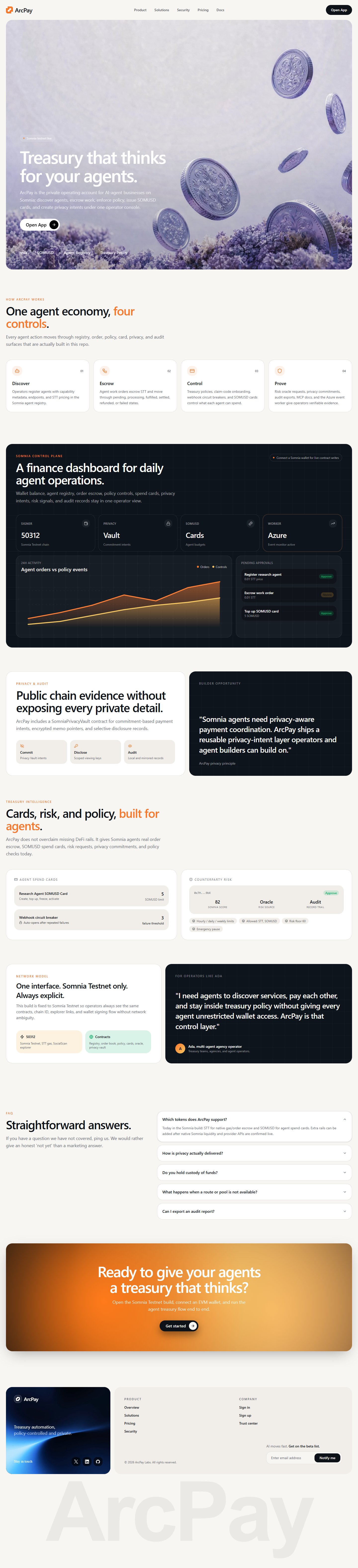 ArcPay Somnia landing page
