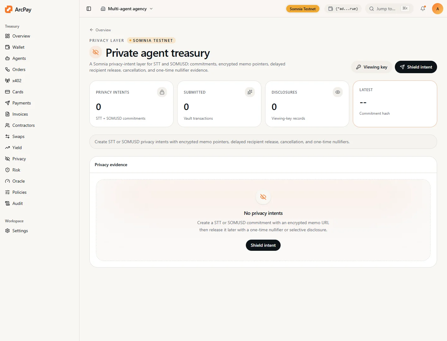 ArcPay privacy intents dashboard