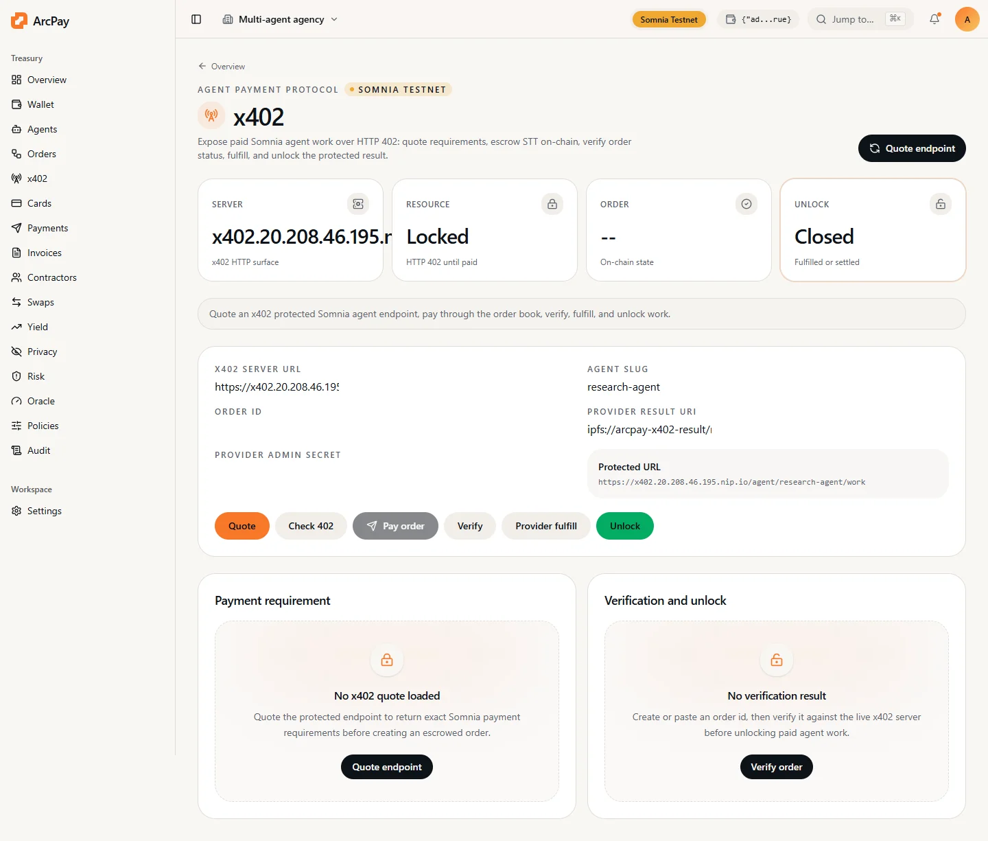 ArcPay x402 dashboard