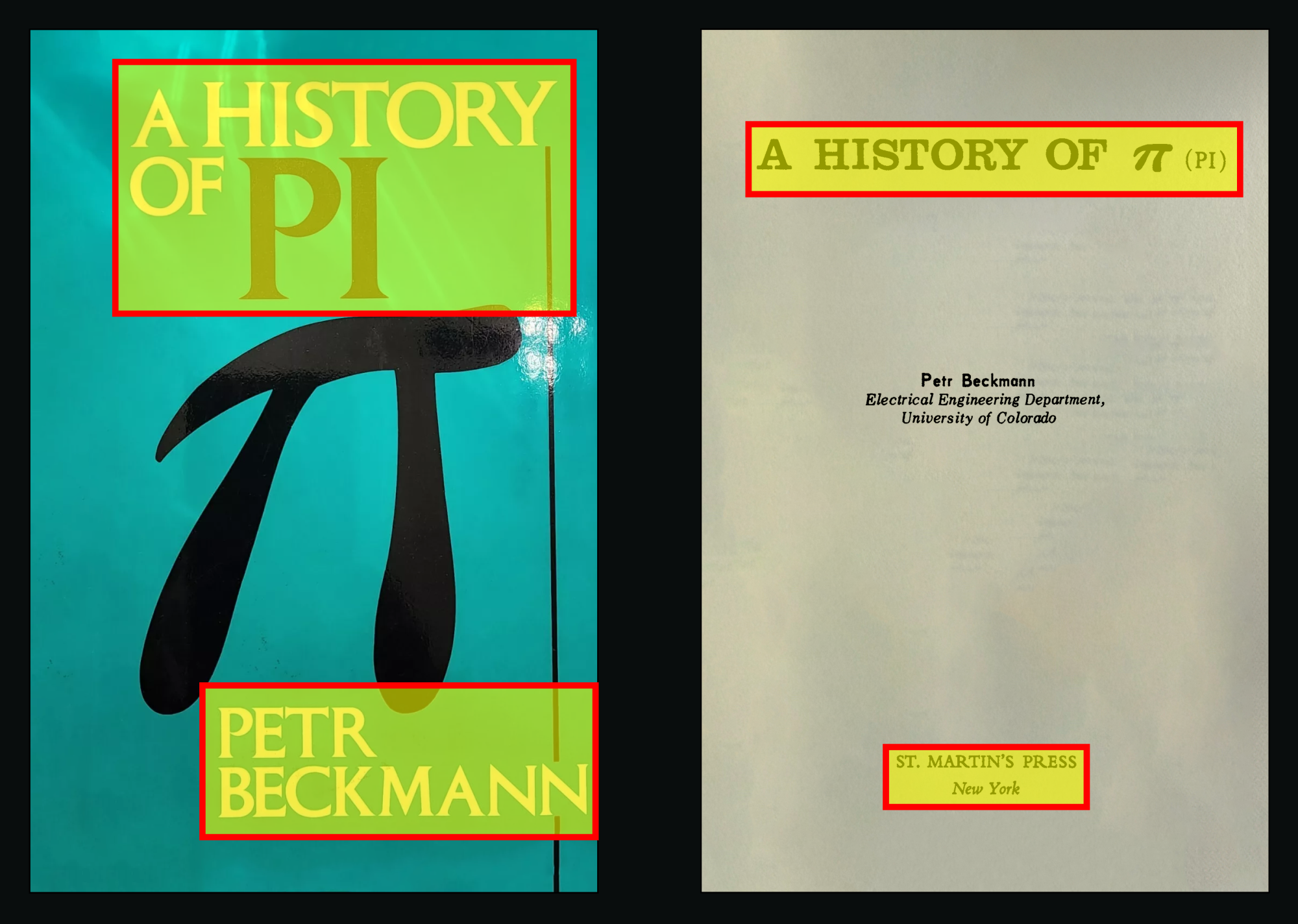 Step 2: Identify Page Types and Run Tesseract OCR Pipeline, Step 2: Identify Page Types and Run Tesseract OCR.
Shows yellow text regions overlaid on the front and back matter pages, identifying the metadata fields