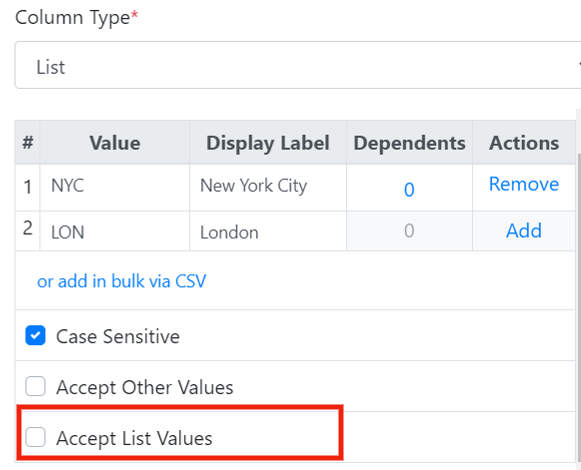 List items with values and display labels