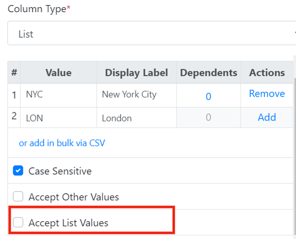 List items with values and display labels