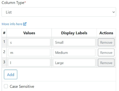 List data type configuration