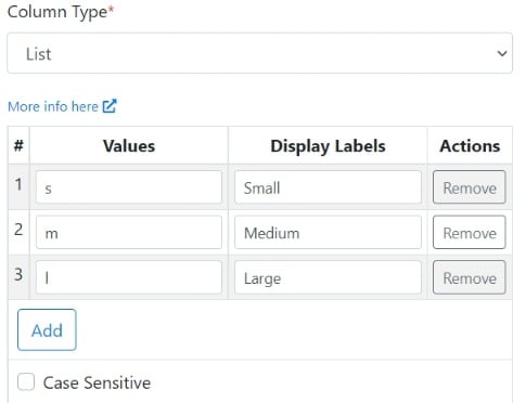 List data type configuration