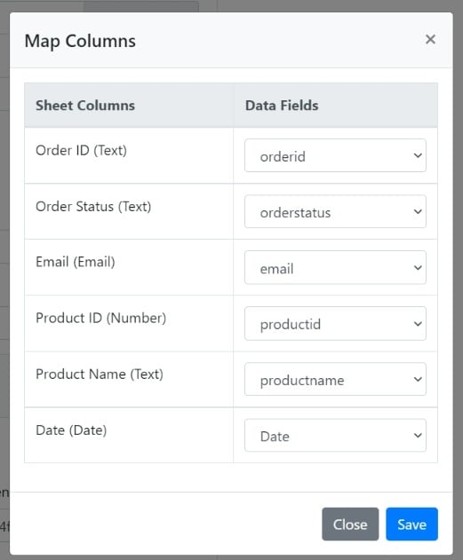 Map sheet columns to Bubble data fields