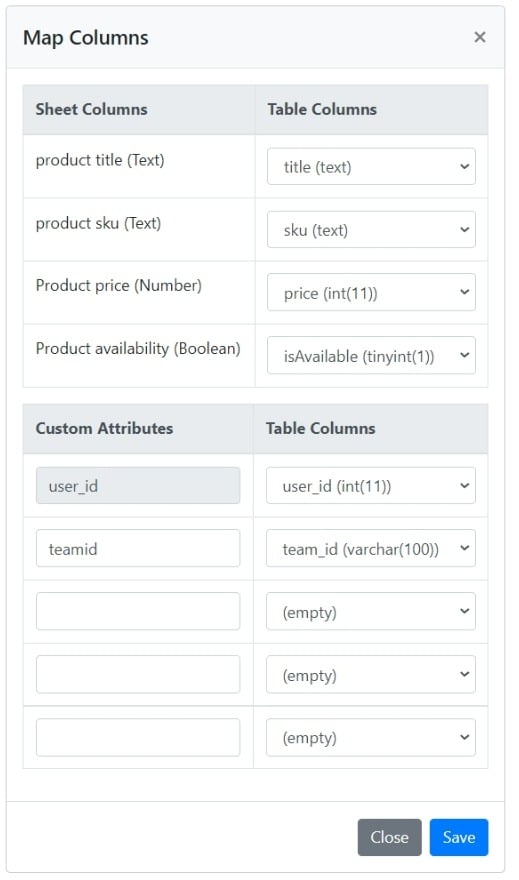 Map sheet columns to table columns