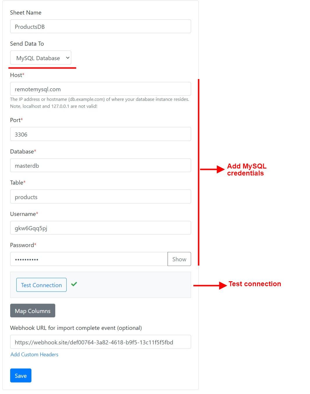 CSV to MySQL destination settings