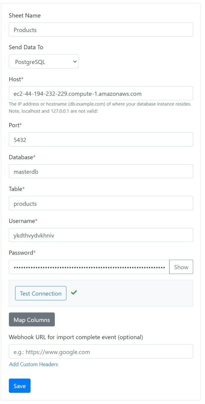 PostgreSQL data destination settings