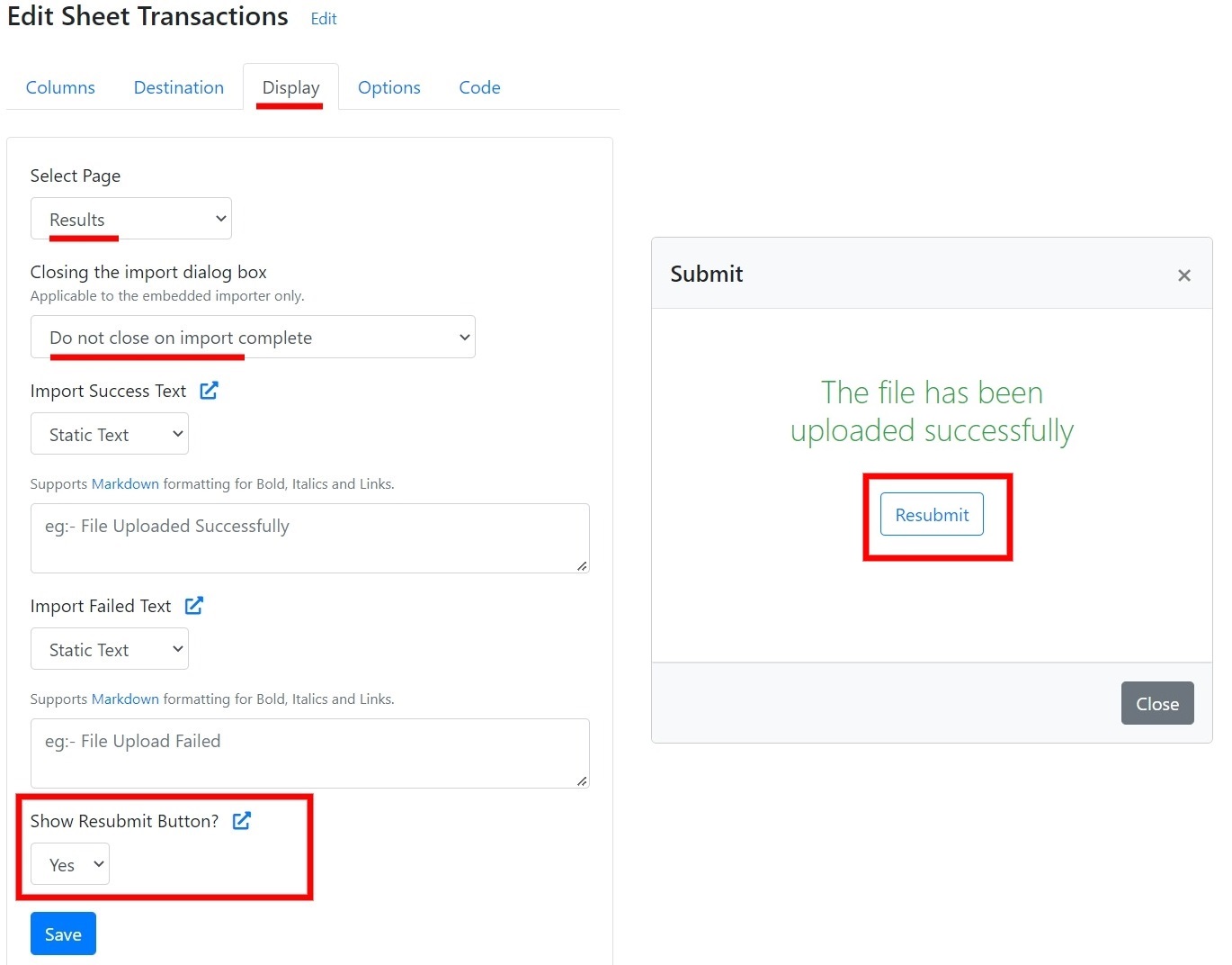 Resubmit button on the Import Success screen