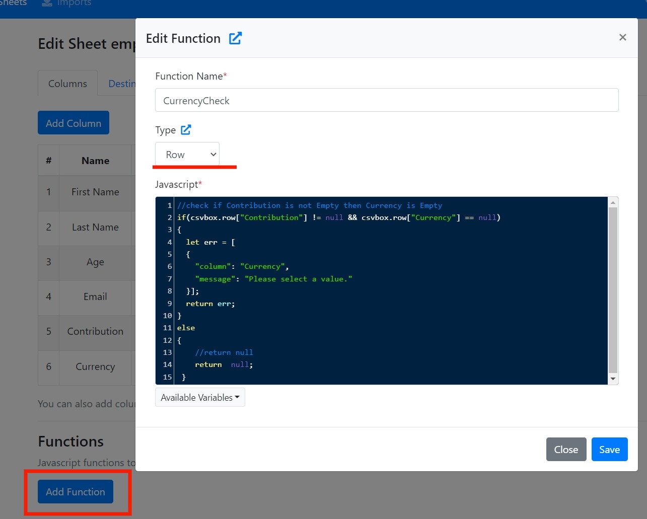 Add Functions dialog with the Row function type selected